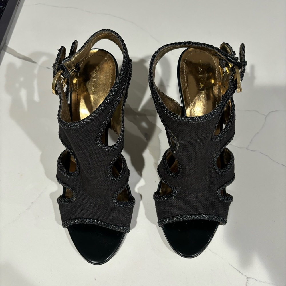 Tahari Lexie Black Open-Toe Heels